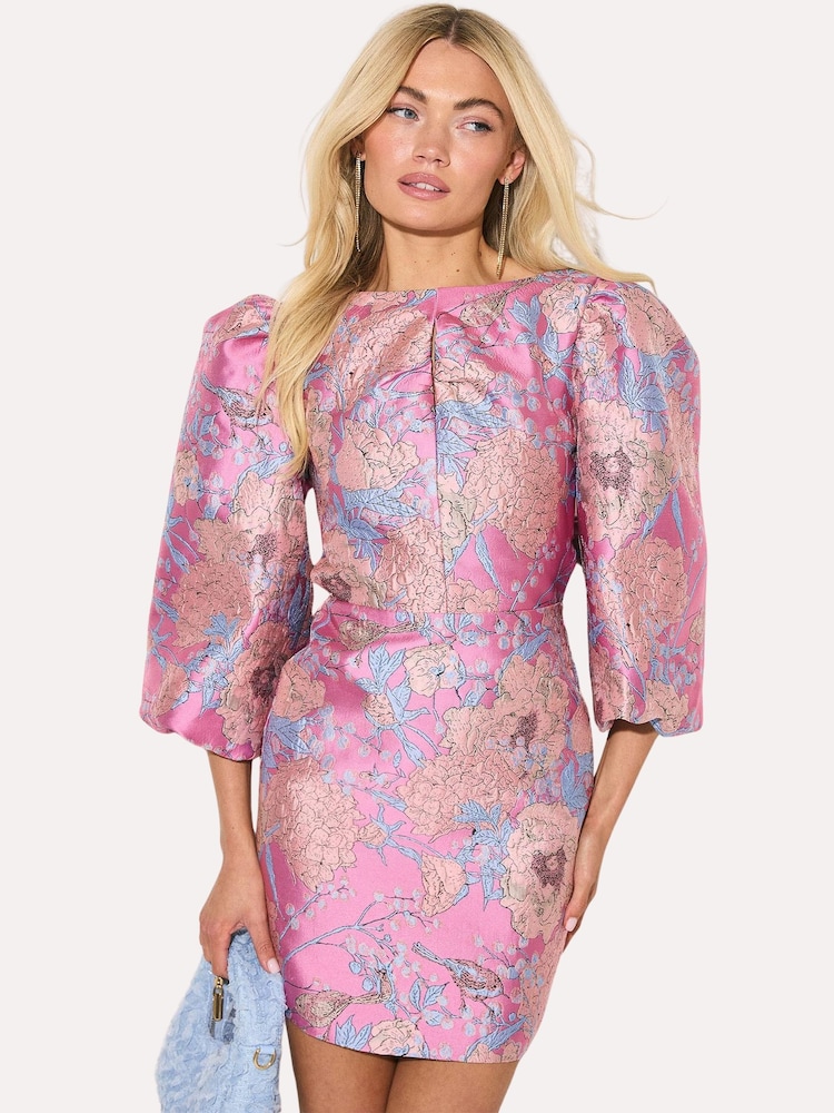 LOAVIES Wild Hearts Soar Pink Satin-Look Dress With Floral Print And Bow Detail - 画像 1 / 4