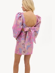 LOAVIES Wild Hearts Soar Pink Satin-Look Dress With Floral Print And Bow Detail - 画像 2 / 4