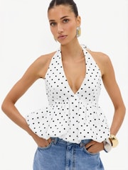 LOAVIES White Pearl And Paradise White Balloon Halter Top With Polka Dots - Image 1 of 4
