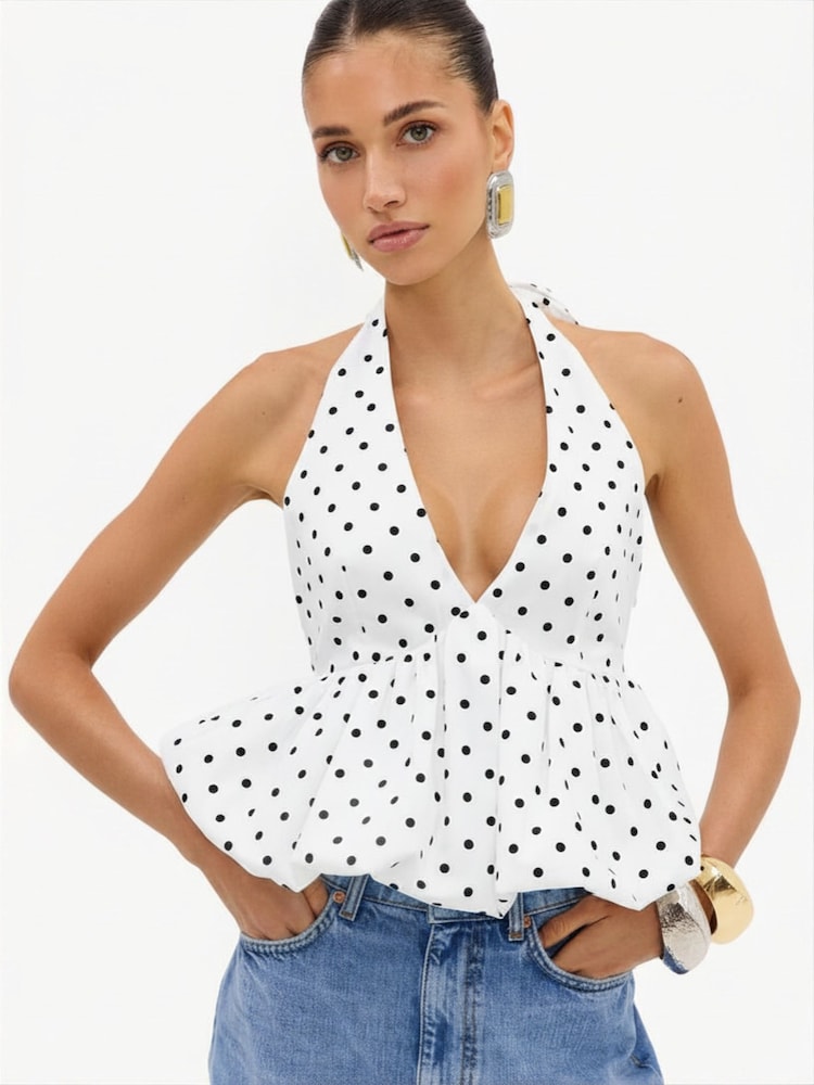 LOAVIES White Pearl And Paradise White Balloon Halter Top With Polka Dots - Image 1 of 4 LOAVIES White Pearl And Paradise White Balloon Halter Top With Polka Dots - Image 1 of 4