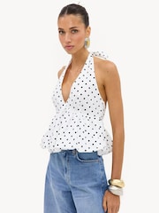 LOAVIES White Pearl And Paradise White Balloon Halter Top With Polka Dots - Image 3 of 4