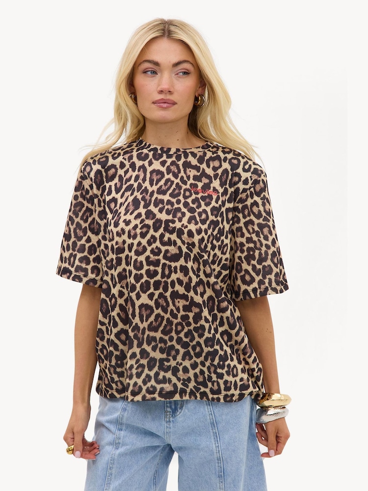 LOAVIES Brown Wild And Free Brown Short-Sleeved Shirt With Leopard Print - Image 1 of 4
