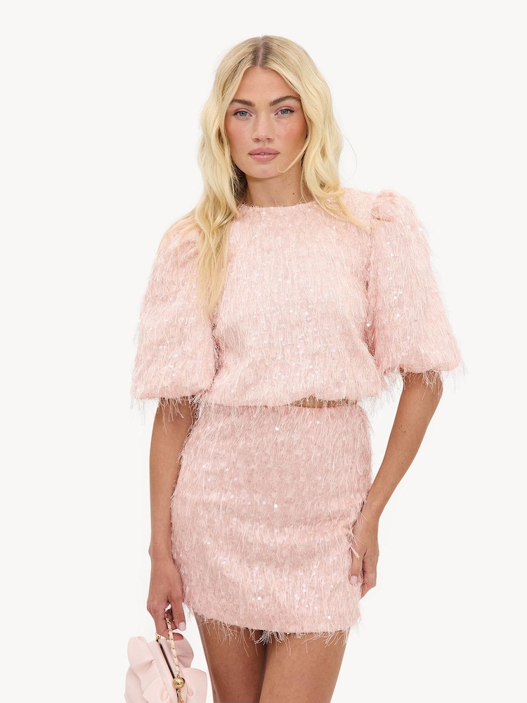 LOAVIES Pink Night Bloom Pink Skirt With Sequins And Fringe - Image 1 of 4 LOAVIES Pink Night Bloom Pink Skirt With Sequins And Fringe - Image 1 of 4