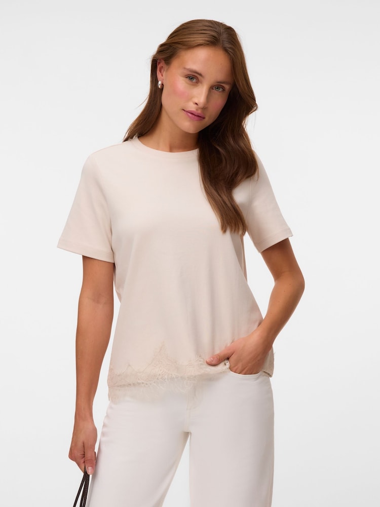 Vero Moda Cream Lace Trim Short Sleeve T-Shirt - Image 1 of 5 Vero Moda Cream Lace Trim Short Sleeve T-Shirt - Image 1 of 5