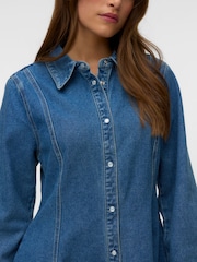 VERO MODA Blue Long Sleeve Fit and Flare Short Denim Dress - Image 3 of 6