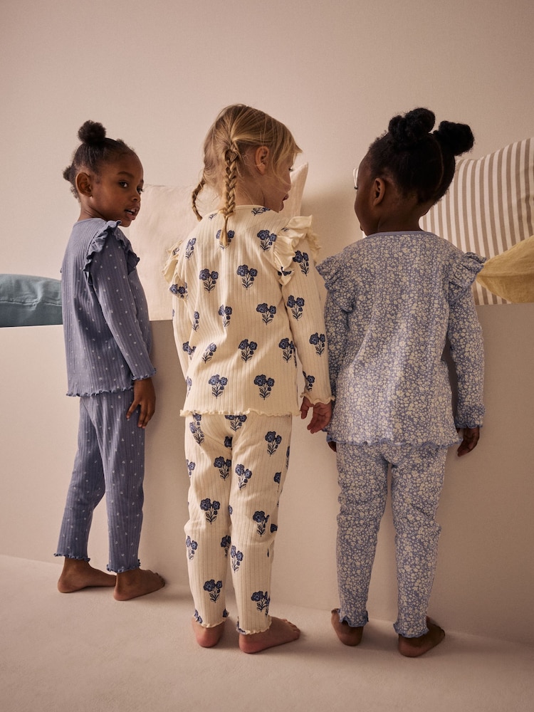 Blue/White Rib Snuggle Pyjamas 3 Pack (9mths-12yrs) - Image 4 of 6