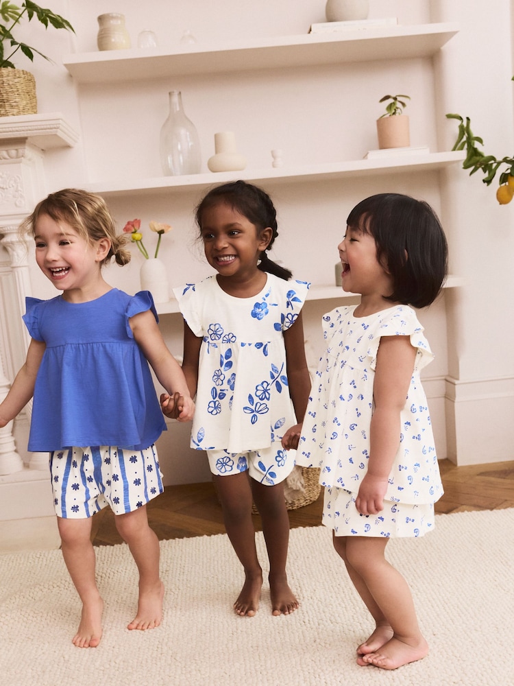 Blue Frill Floral Print 100% Cotton Pyjamas 3 Pack (9mths-8yrs) - Image 1 of 1