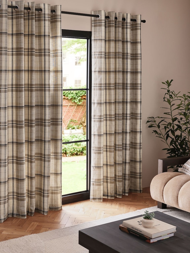 Natural Linen Look Check Eyelet Lined Curtains - Image 2 of 5 Natural Linen Look Check Eyelet Lined Curtains - Image 2 of 5