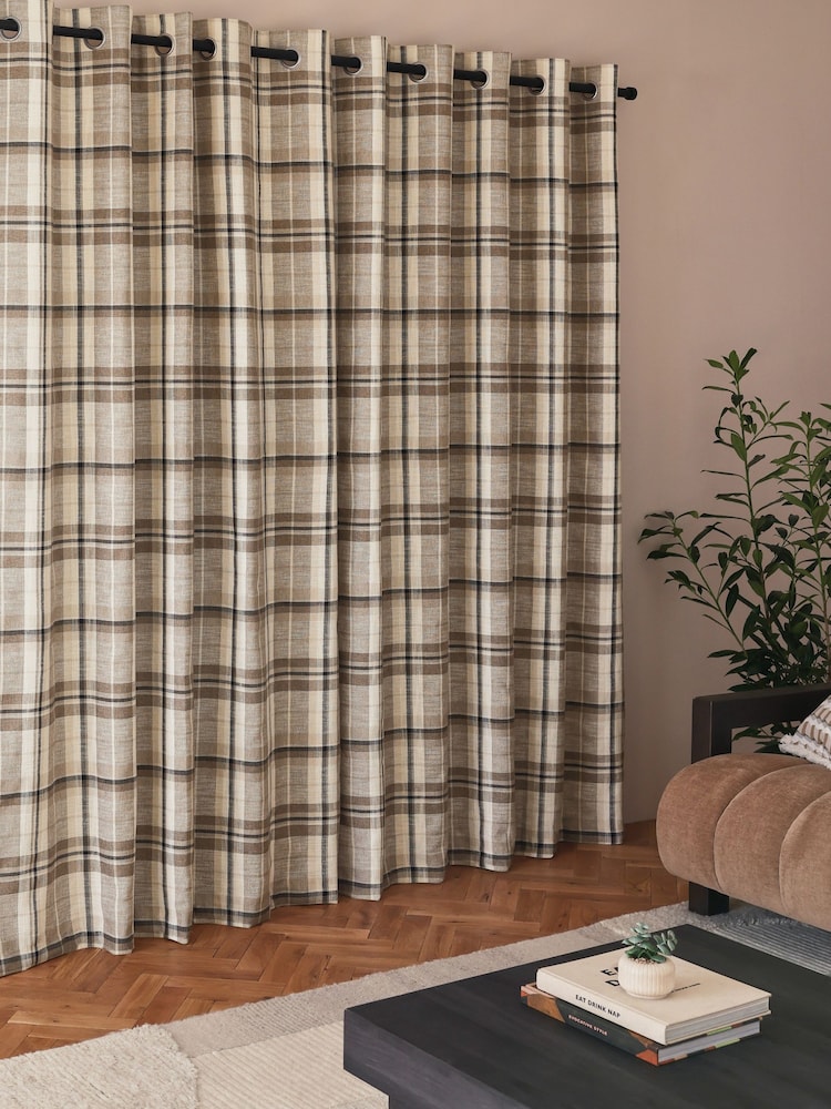Natural Linen Look Check Eyelet Lined Curtains - Image 3 of 5