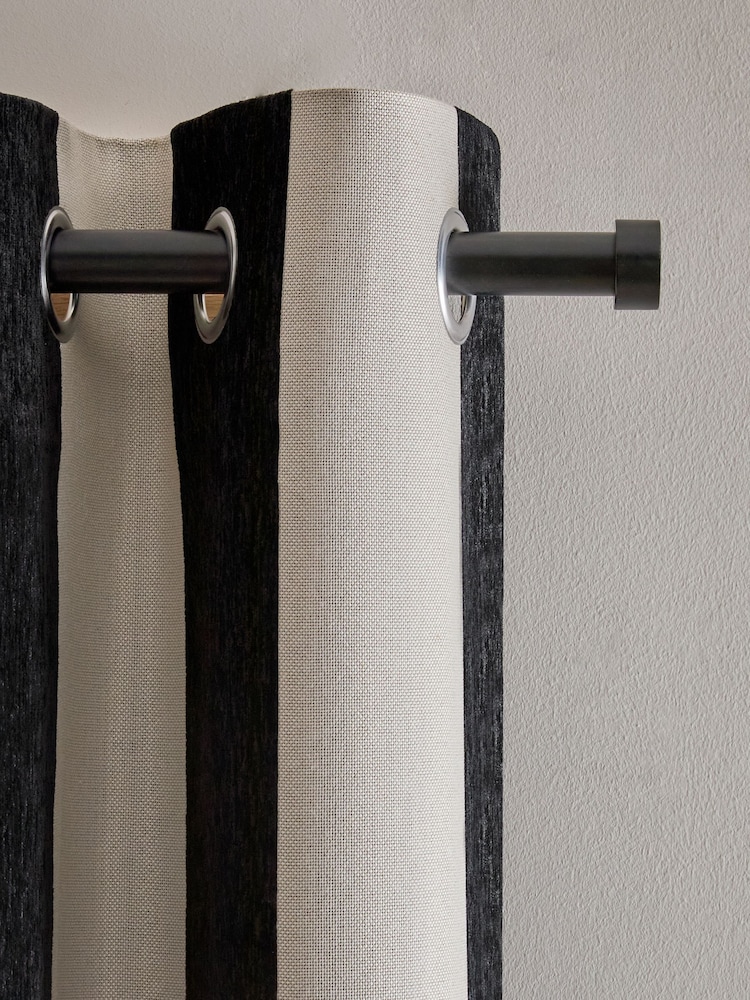 Black/White Chenille Stripe Eyelet Lined Curtains - Image 1 of 5