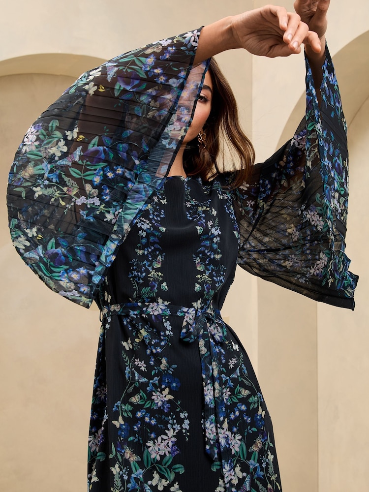 Lipsy Blue Pleated Butterfly Mini Shift Dress - Image 2 of 4