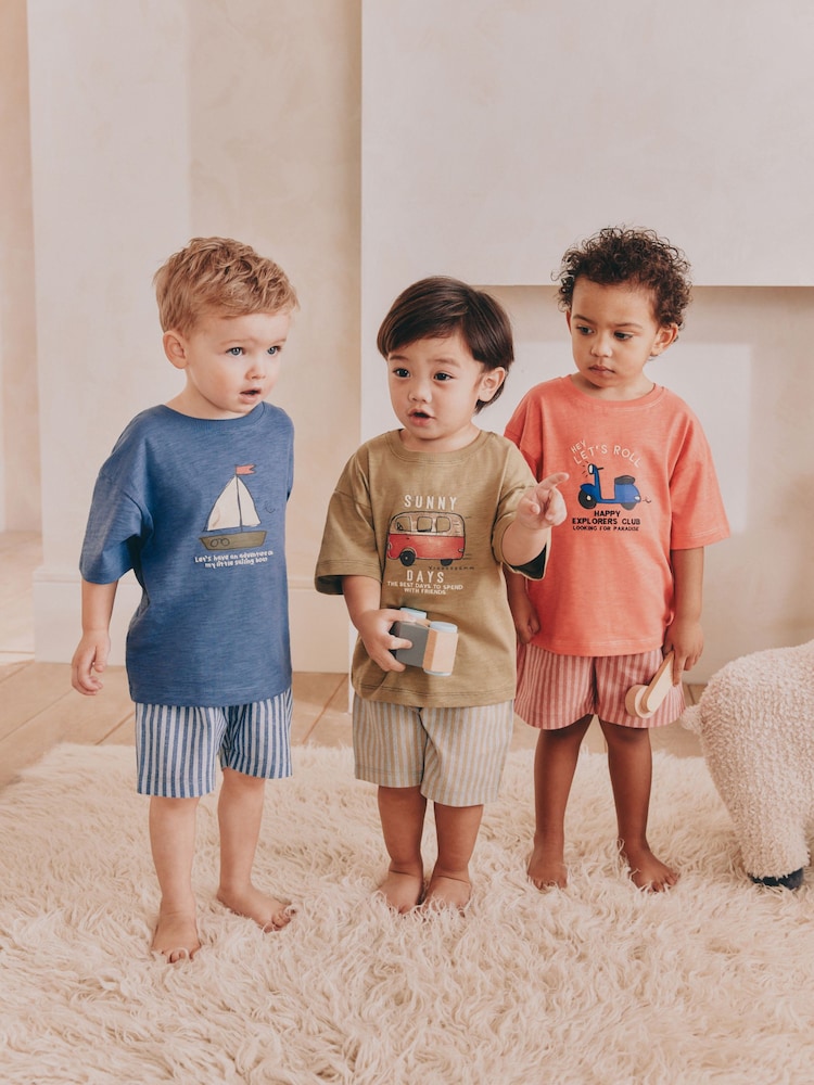 Multi Stripe Transport Woven Shorts Pyjamas 3 Pack (9mths-8yrs) - Image 1 of 13