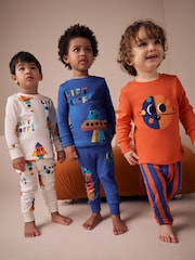 oranžna/Navy Space - 3 Pack mehek in prijeten na dotik Pižame (9mths-8yrs) - Slika 1 iz 7