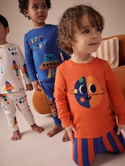 oranžna/Navy Space - 3 Pack mehek in prijeten na dotik Pižame (9mths-8yrs) - Slika 2 iz 7