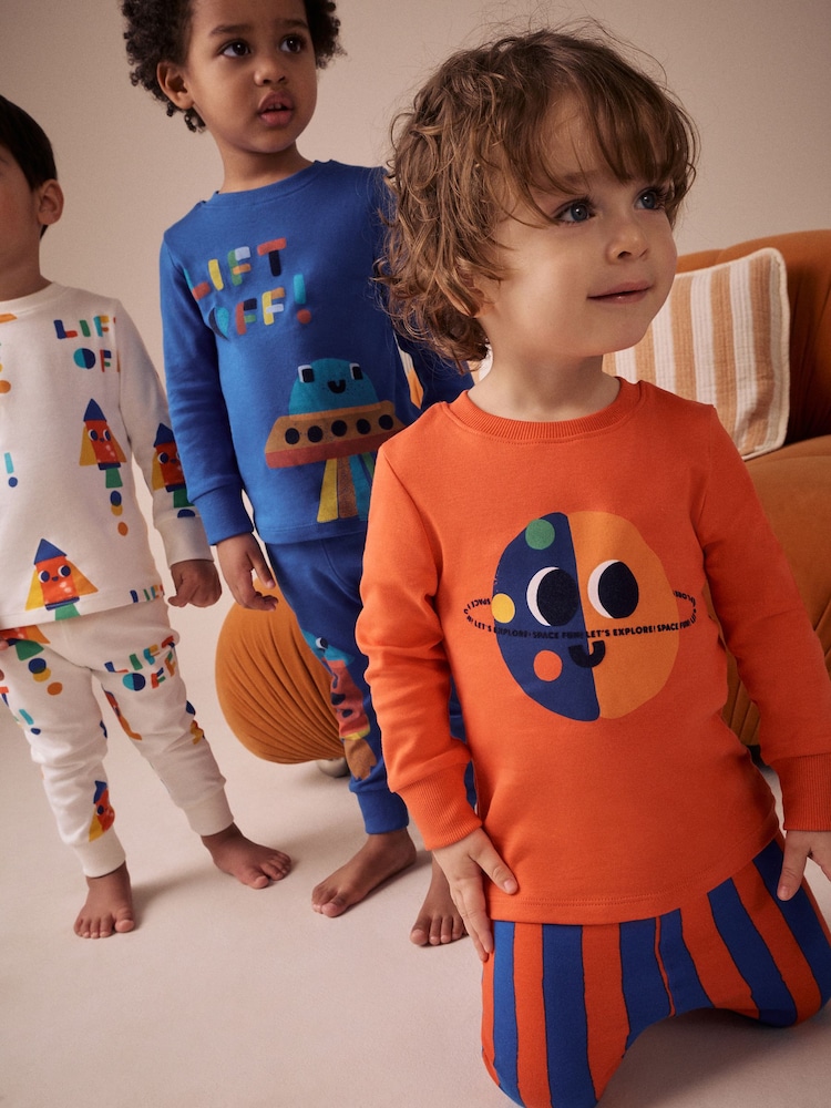 oranžna/Navy Space - 3 Pack mehek in prijeten na dotik Pižame (9mths-8yrs) - Slika 2 iz 7
