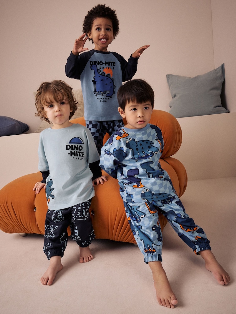 Orange/Navy Dinosaur 3 Pack Oversized Pyjamas (9mths-10yrs) - Image 1 of 11