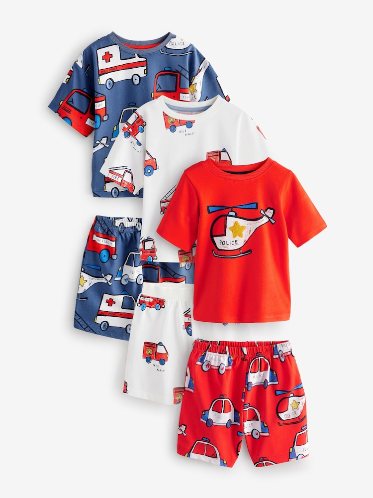 Red/Navy/White Emergency Vehicles Short Pyjamas 3 Pack (9mths-8yrs) - Image 5 of 11