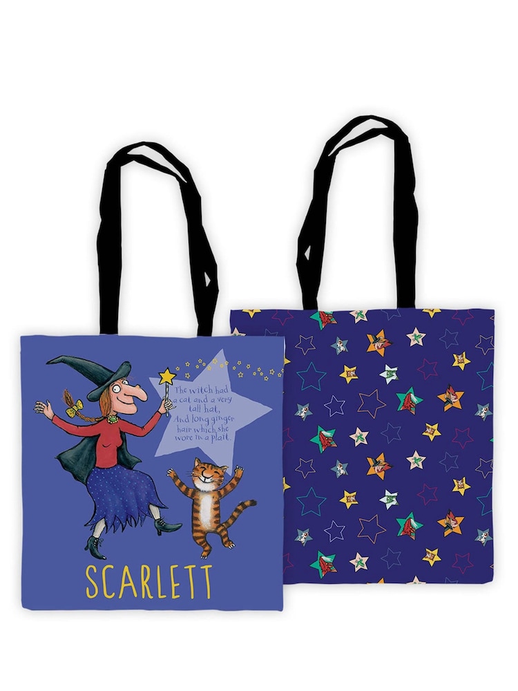 Star Editions Purple 100% Cotton Personalised Room On The Broom Edge To Edge Tote Bag - Image 1 of 2