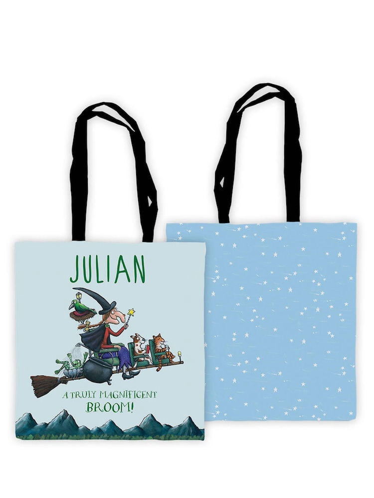 Star Editions Blue 100% Cotton Personalised Room On The Broom Edge To Edge Tote Bag - Image 1 of 2