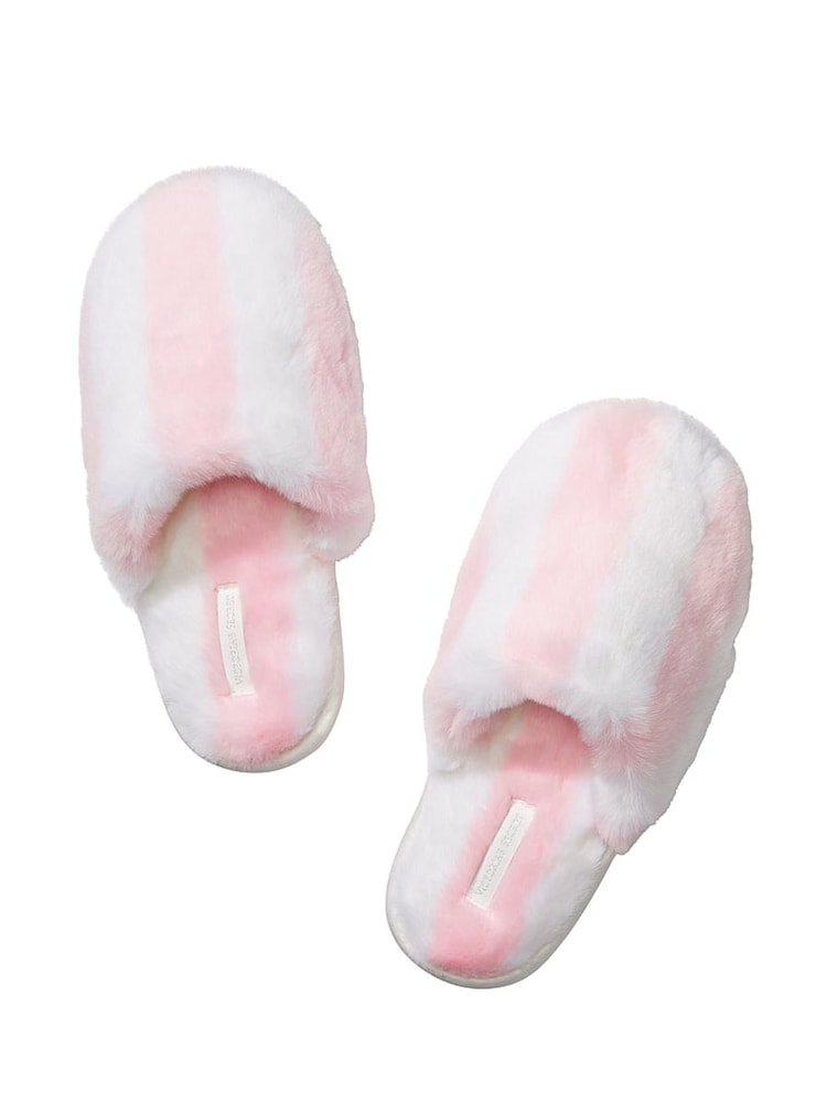 Victoria's Secret Pink Iconic Stripe Faux Fur Slippers - Image 1 of 2