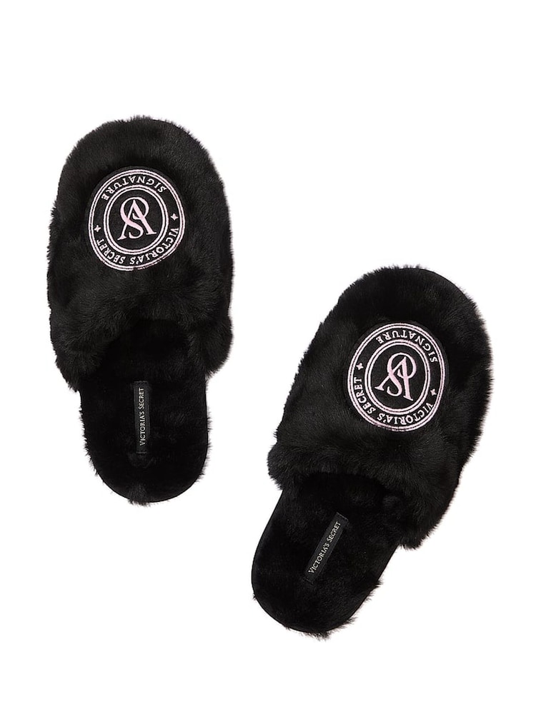 Victoria's Secret Black Faux Fur Slippers - Image 1 of 2
