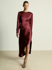 Reiss Burgundy Valli Satin Asymmetric Draped Maxi Dress - Image 1 of 6