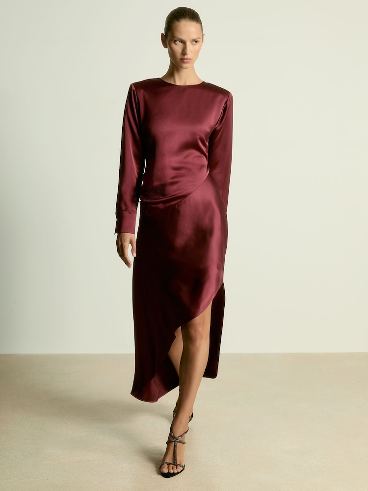 Reiss Burgundy Valli Satin Asymmetric Draped Maxi Dress - Image 1 of 6