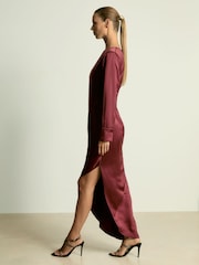 Reiss Burgundy Valli Satin Asymmetric Draped Maxi Dress - Image 4 of 6