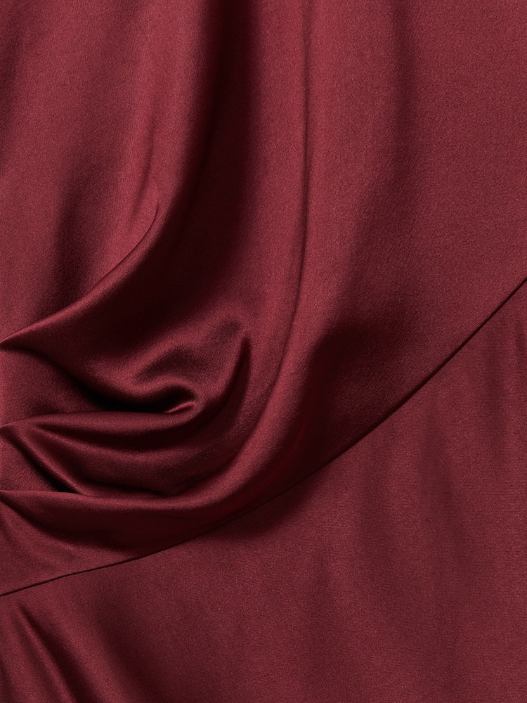 Reiss Burgundy Valli Satin Asymmetric Draped Maxi Dress - Image 6 of 6