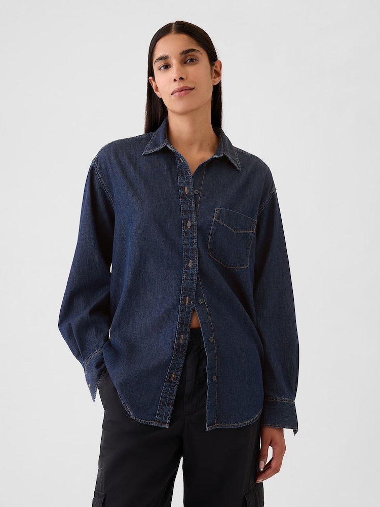 Gap Dark Wash Blue Chambray Denim Oversized Shirt - Image 1 of 5