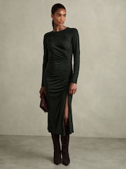 Reiss Dark Green Rosie Jersey Ruched Midi Dress - Image 1 of 7