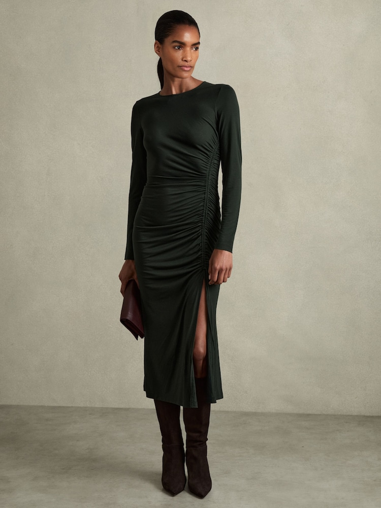 Reiss Dark Green Rosie Jersey Ruched Midi Dress - Image 1 of 7