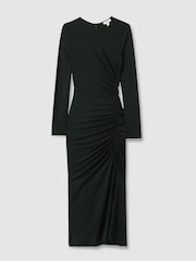 Reiss Dark Green Rosie Jersey Ruched Midi Dress - Image 2 of 7