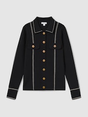 Reiss Black Eden Compact-Knit Topstitched Press-Stud Top - Image 2 of 7