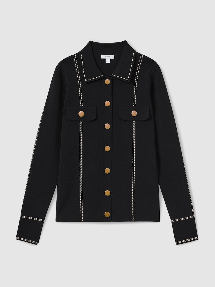 Reiss Black Eden Compact-Knit Topstitched Press-Stud Top - Image 2 of 7