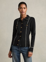 Reiss Black Eden Compact-Knit Topstitched Press-Stud Top - Image 3 of 7
