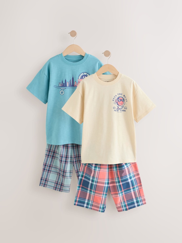 White/Blue Smile/Skate Check Woven Short Pyjamas 2 Pack (4-16yrs) - Image 1 of 6