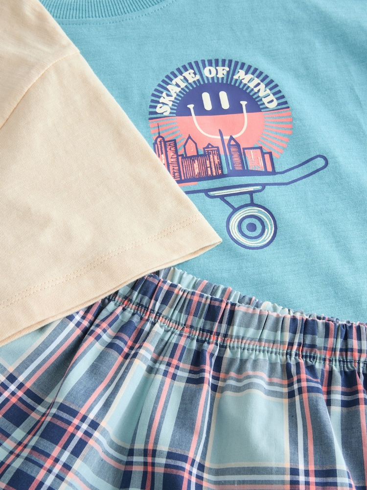 White/Blue Smile/Skate Check Woven Short Pyjamas 2 Pack (4-16yrs) - Image 9 of 9