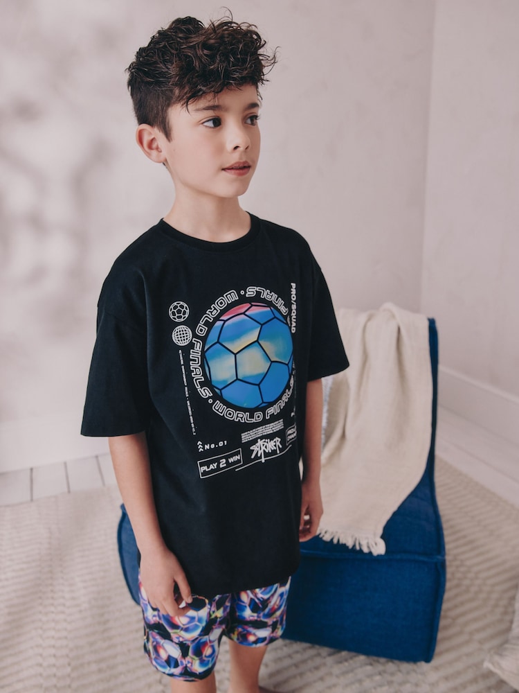 Black Football Single 100% Cotton Short Pyjamas (5-16yrs) - Image 2 of 8