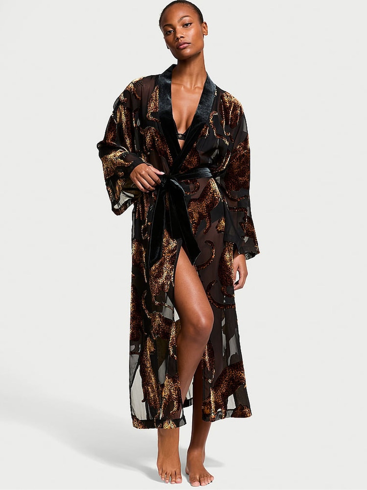 Victoria's Secret Black Leopard Burnout Long Robe - Image 1 of 3