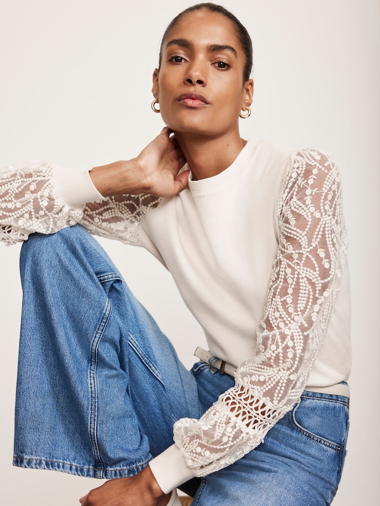 Mint Velvet White Embroidered Sleeve Jumper - Image 2 of 4
