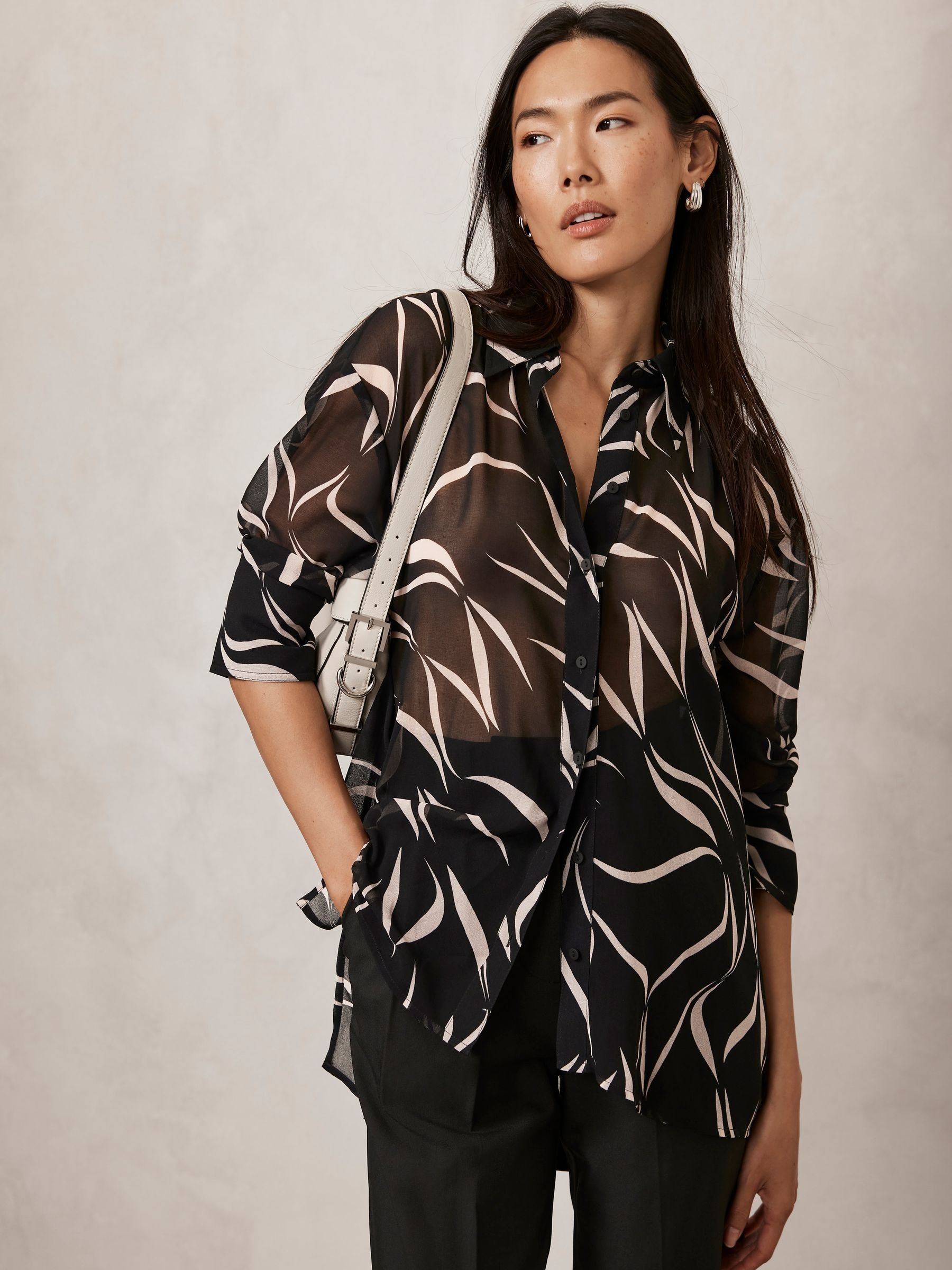 Next Ex Silk Voile Cropped Shirt in Indigo Metallic Stripes