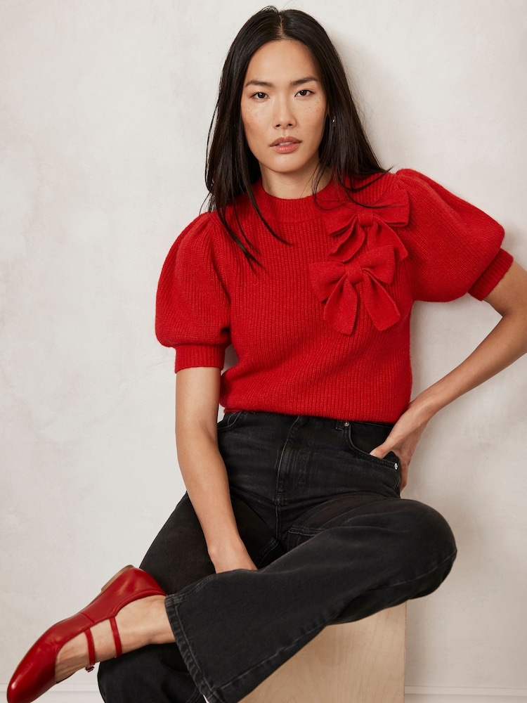 Mint Velvet Red Knit Bow Top - Image 1 of 4 Mint Velvet Red Knit Bow Top - Image 1 of 4