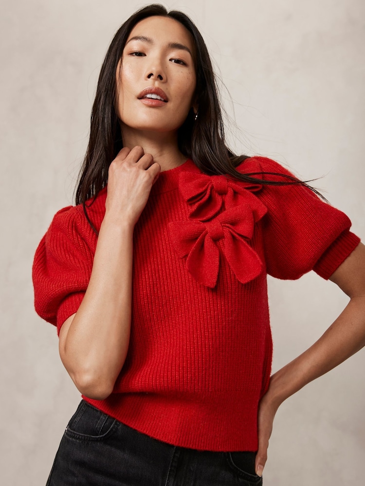 Mint Velvet Red Knit Bow Top - Image 2 of 4 Mint Velvet Red Knit Bow Top - Image 2 of 4