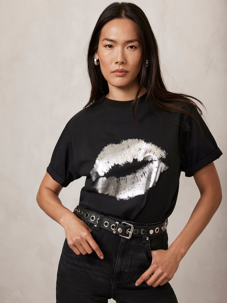 Mint Velvet Black Metallic Lips 100% Cotton Crew Neck T-Shirt - Image 1 of 4
