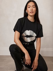 Mint Velvet Black Metallic Lips 100% Cotton Crew Neck T-Shirt - Image 2 of 4