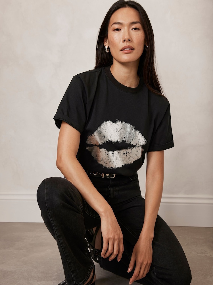 Mint Velvet Black Metallic Lips 100% Cotton Crew Neck T-Shirt - Image 2 of 4