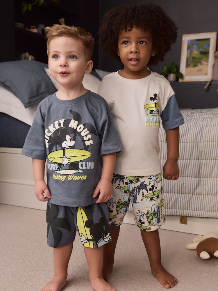 Green/Ecru Mickey Mouse Surf Club License 100% Cotton Short Pyjamas 2 Pack (9mths-9yrs) - Image 1 of 6