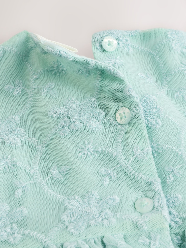 Sage Green Broderie Mesh Bow Baby Dress (0mths-2yrs) - Image 4 of 6