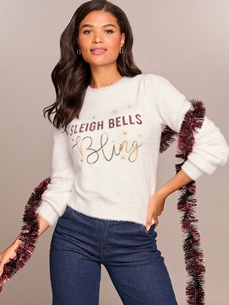 Lipsy Sleigh Bells Petite Christmas Slogan Crew Neck Knitted Jumper - Image 1 of 4